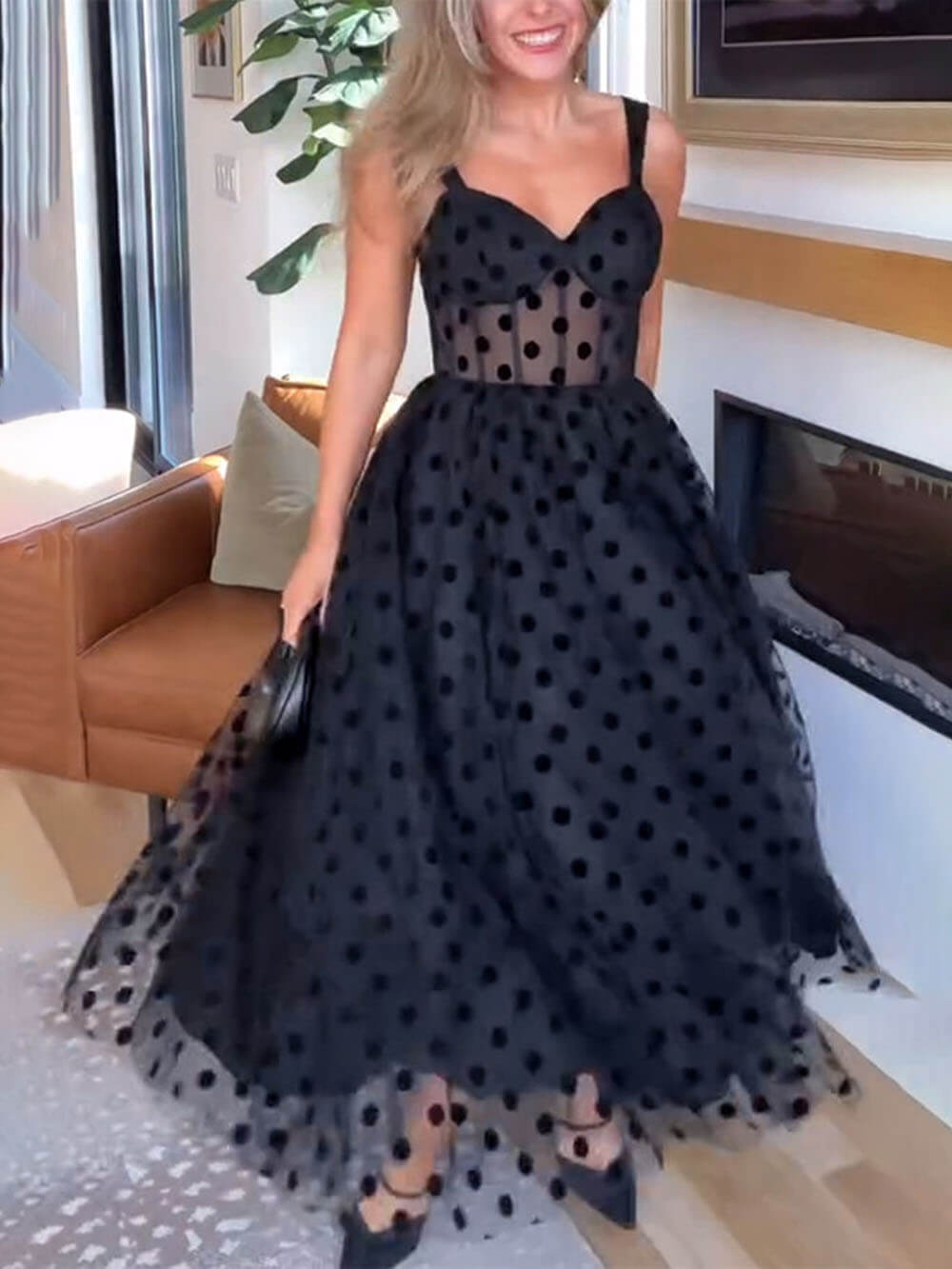 Tulle Polka Dot Sweetheart Bustier A-Line Exquisite Midi Dress