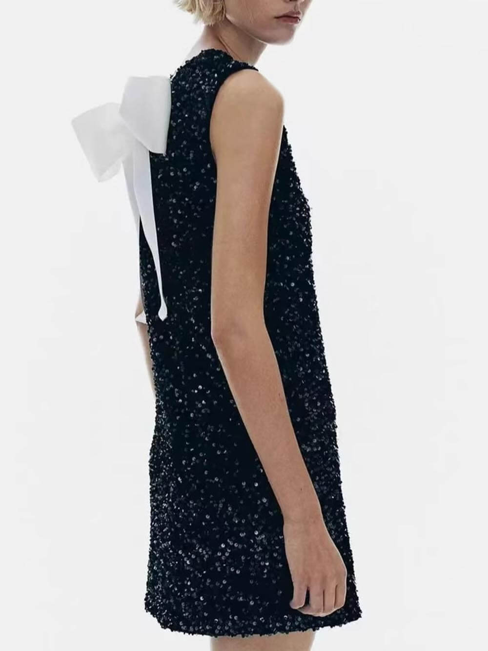 Sequined Tie-Back Bow Detail Mini Dress