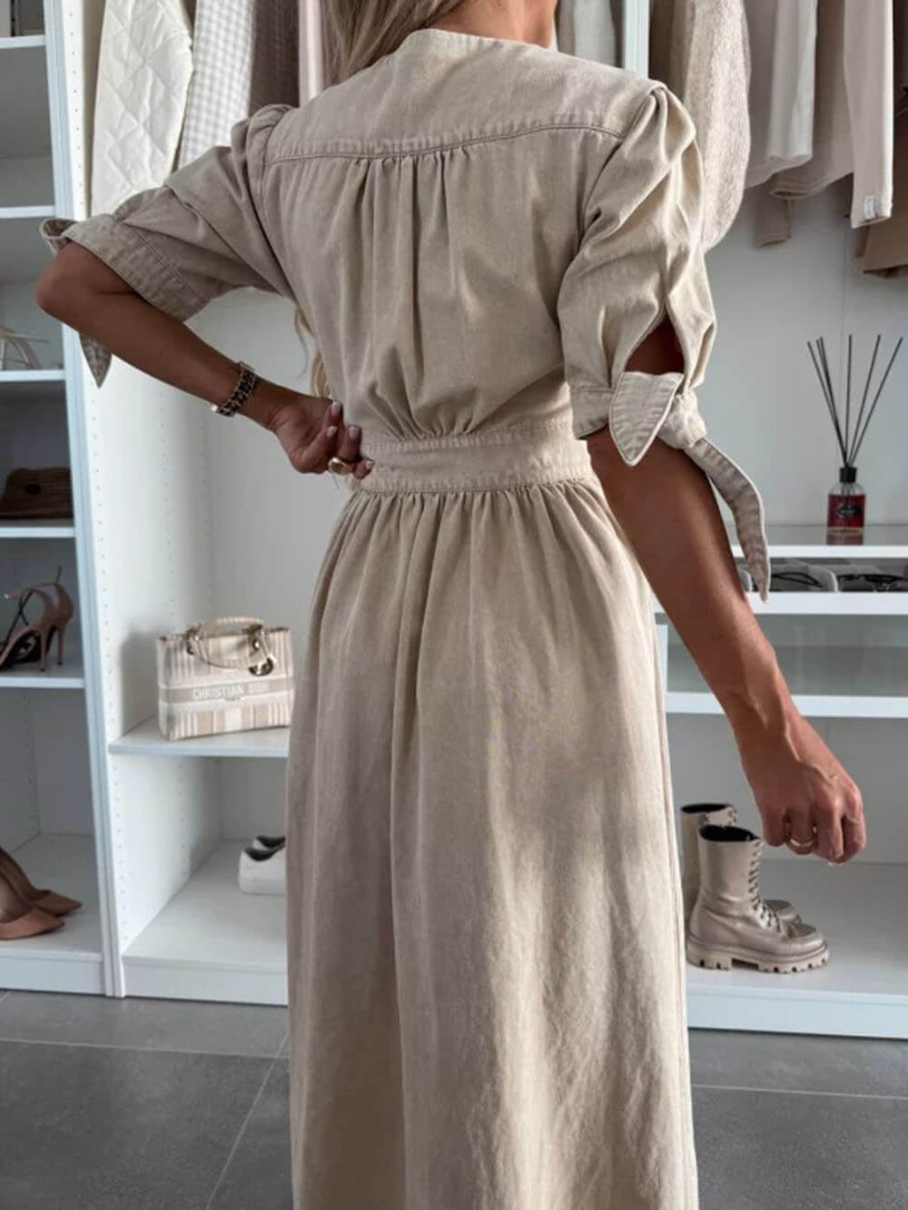 Unique Pleats Solid Color V-Neck Button-Down Denim Dress