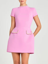 Pearl Trim Pocketed Short Sleeve Mini Dress