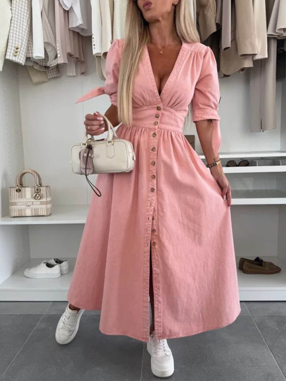 Unique Pleats Solid Color V-Neck Button-Down Denim Dress