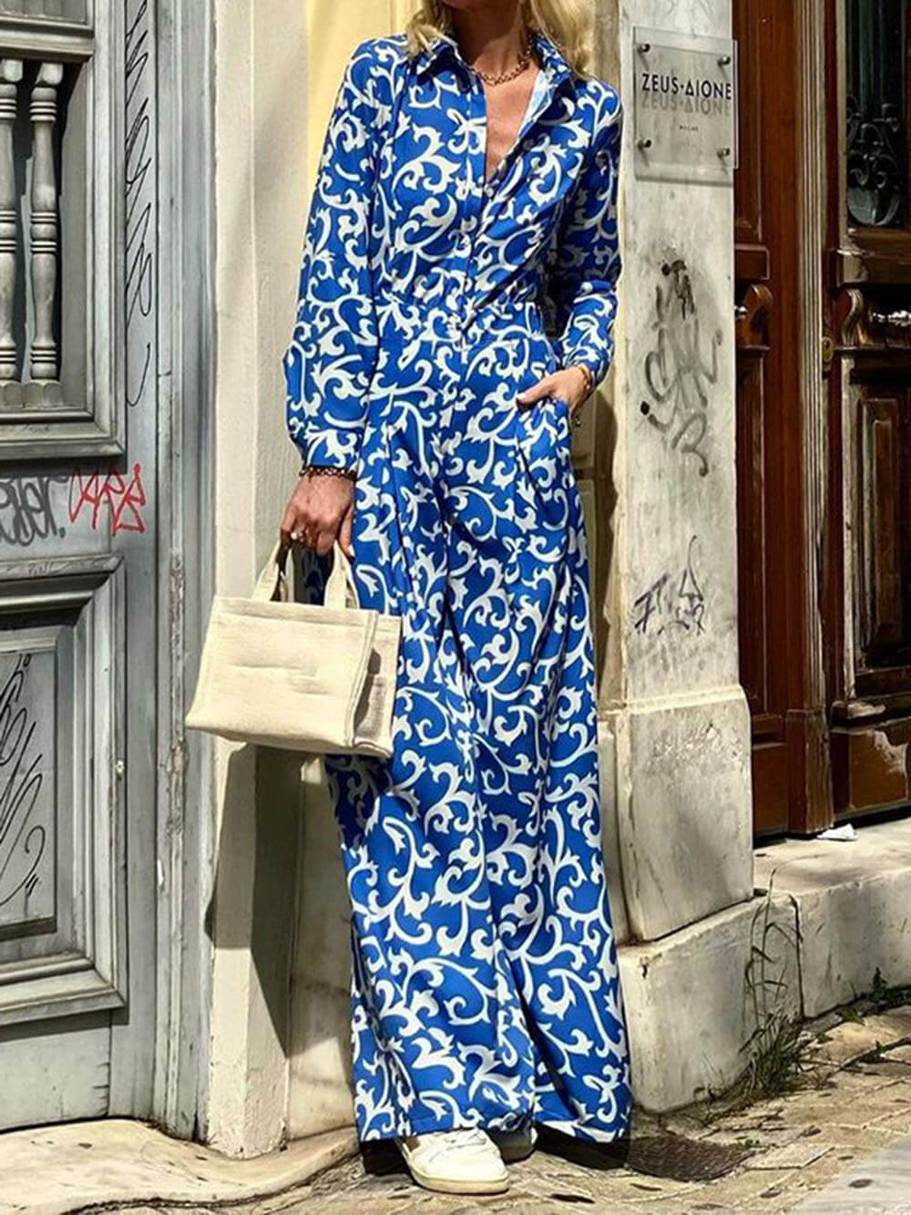 Fashionable Floral Collared Waist-Tied Midi Dress