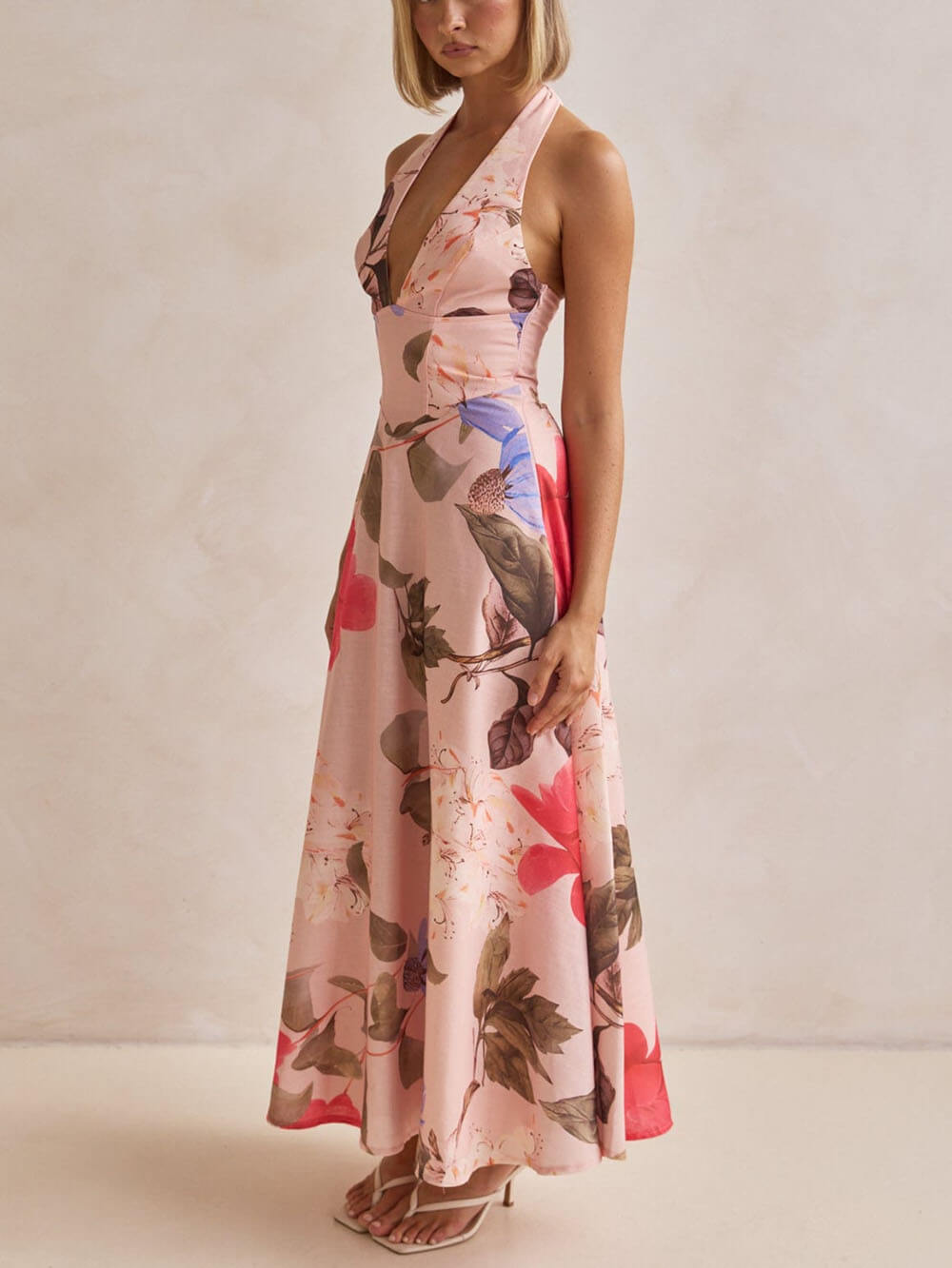 V-Neck Halter Backless Tie Beach Resort Dress