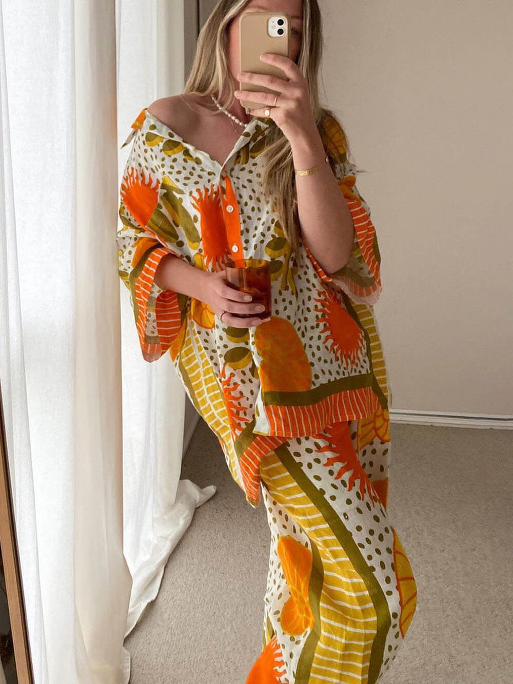 Satin Sun Print Oversized Shirt