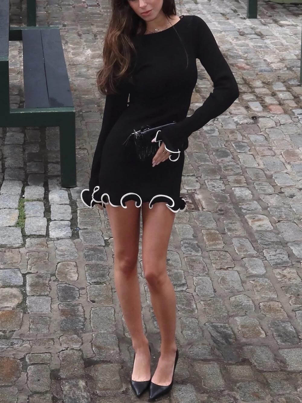 Chic Solid Color Round Neck Long Sleeve Bodycon Ruffle Dress
