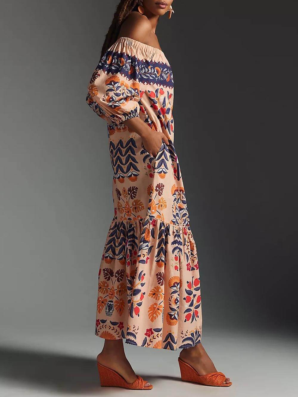 Retro Floral Off-Shoulder Loose Pocket Dress