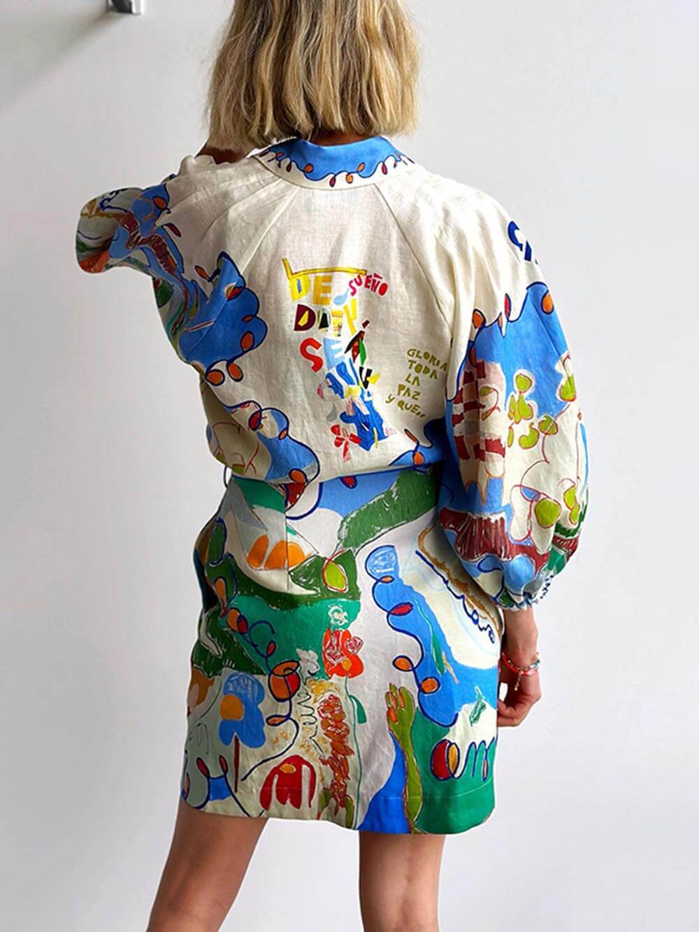 Unique Linen Print Cardigan Lace-Up Dress