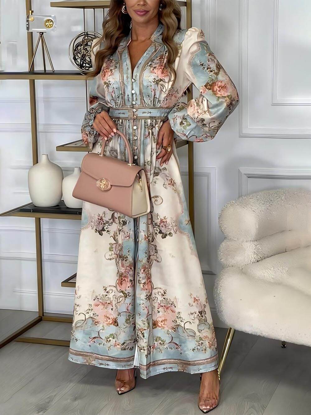 Lantern Sleeve Collared Waist-Tied Long Sleeve Dress