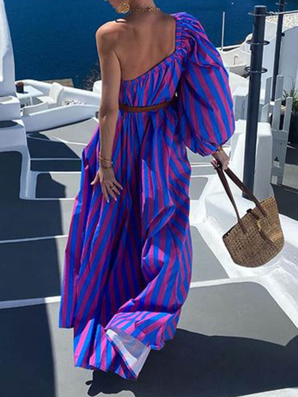 Fashion Striped Asymmetric Shoulder Resort Dress