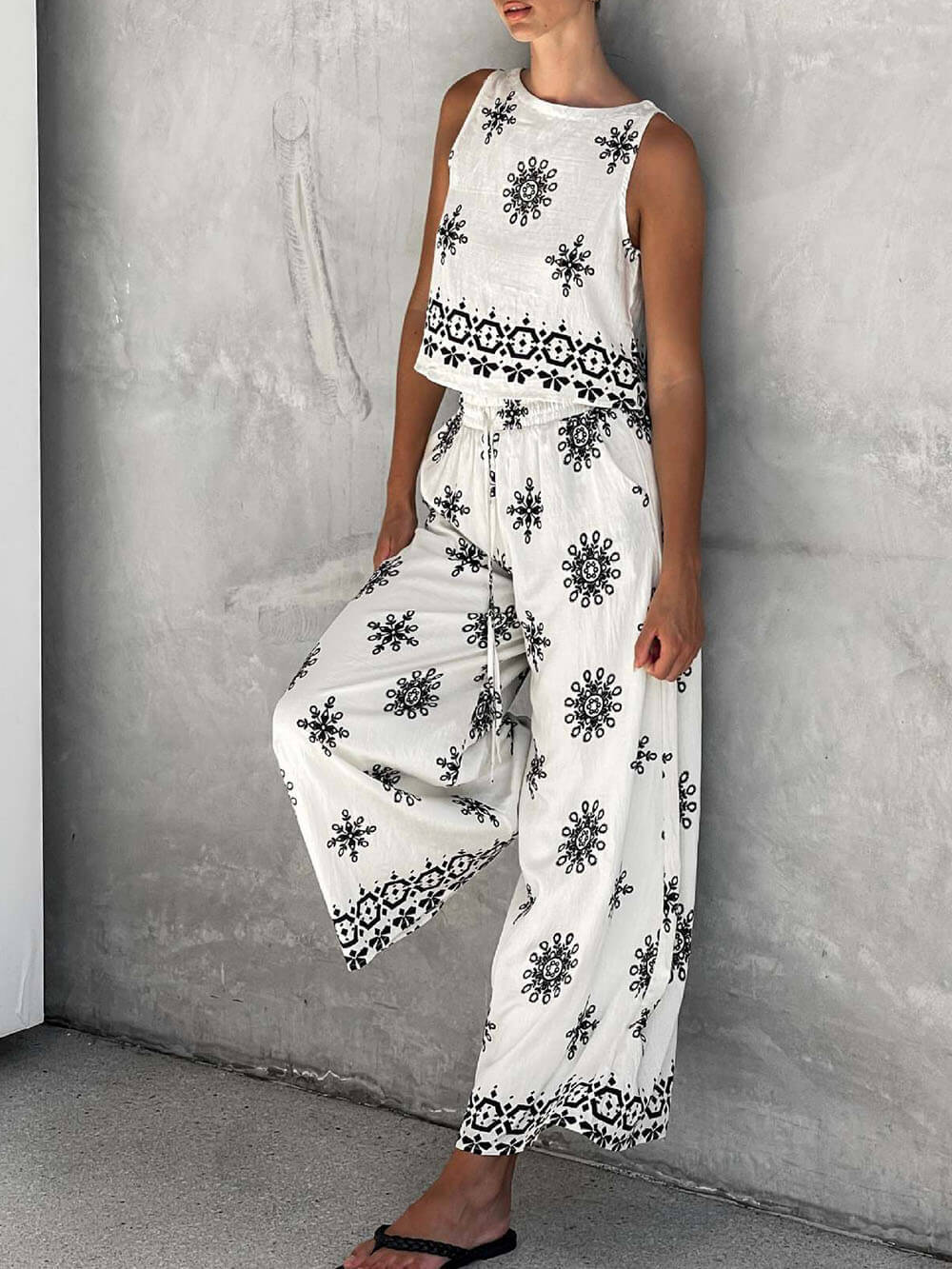 Casual Printed Linen Vest Set