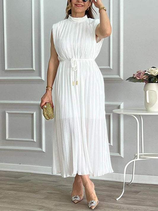 Pleated Half-High Collar Tie Elegant Midi Dress