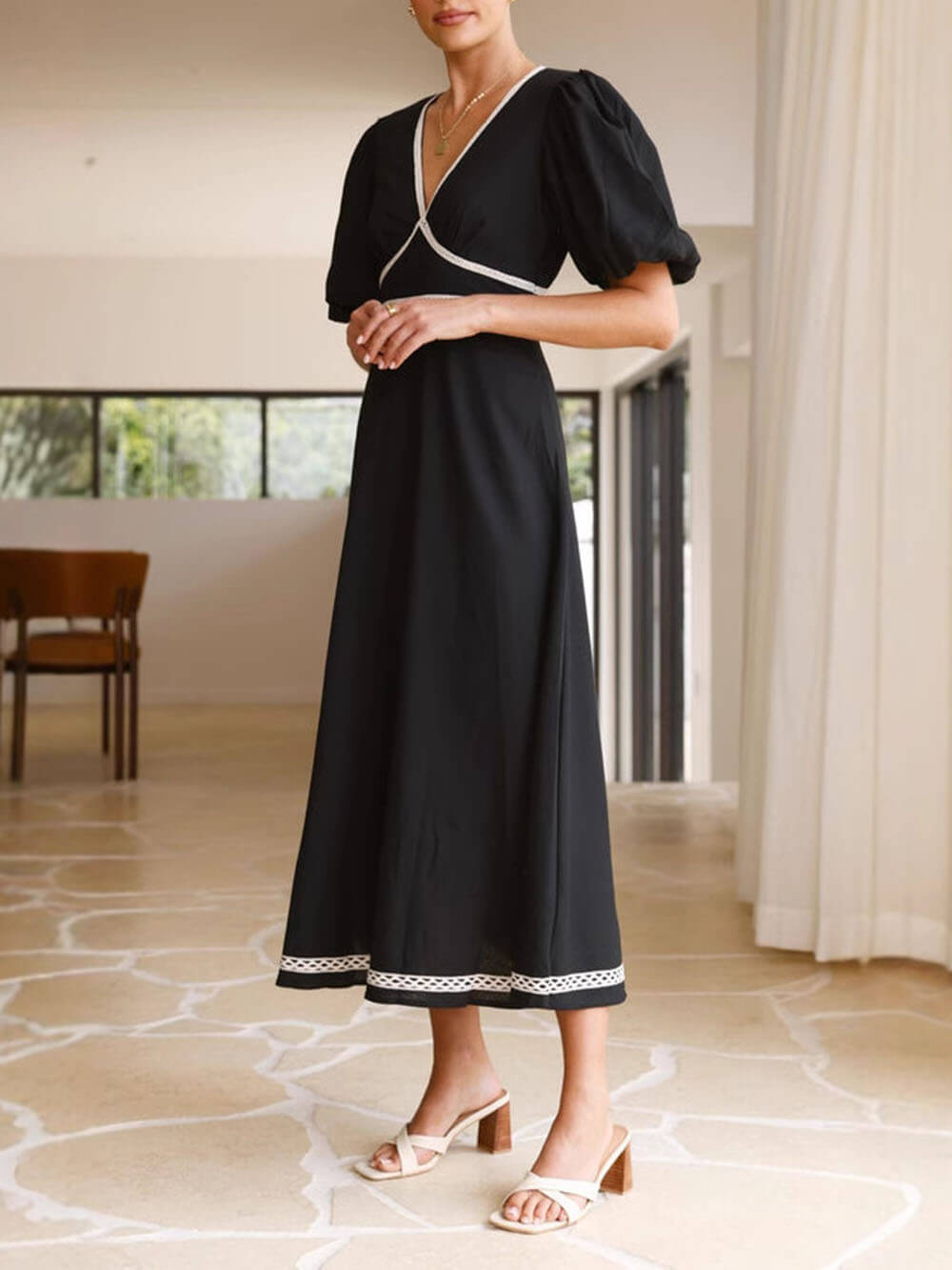 V-Neck Lace Puff Sleeve Maxi Dress