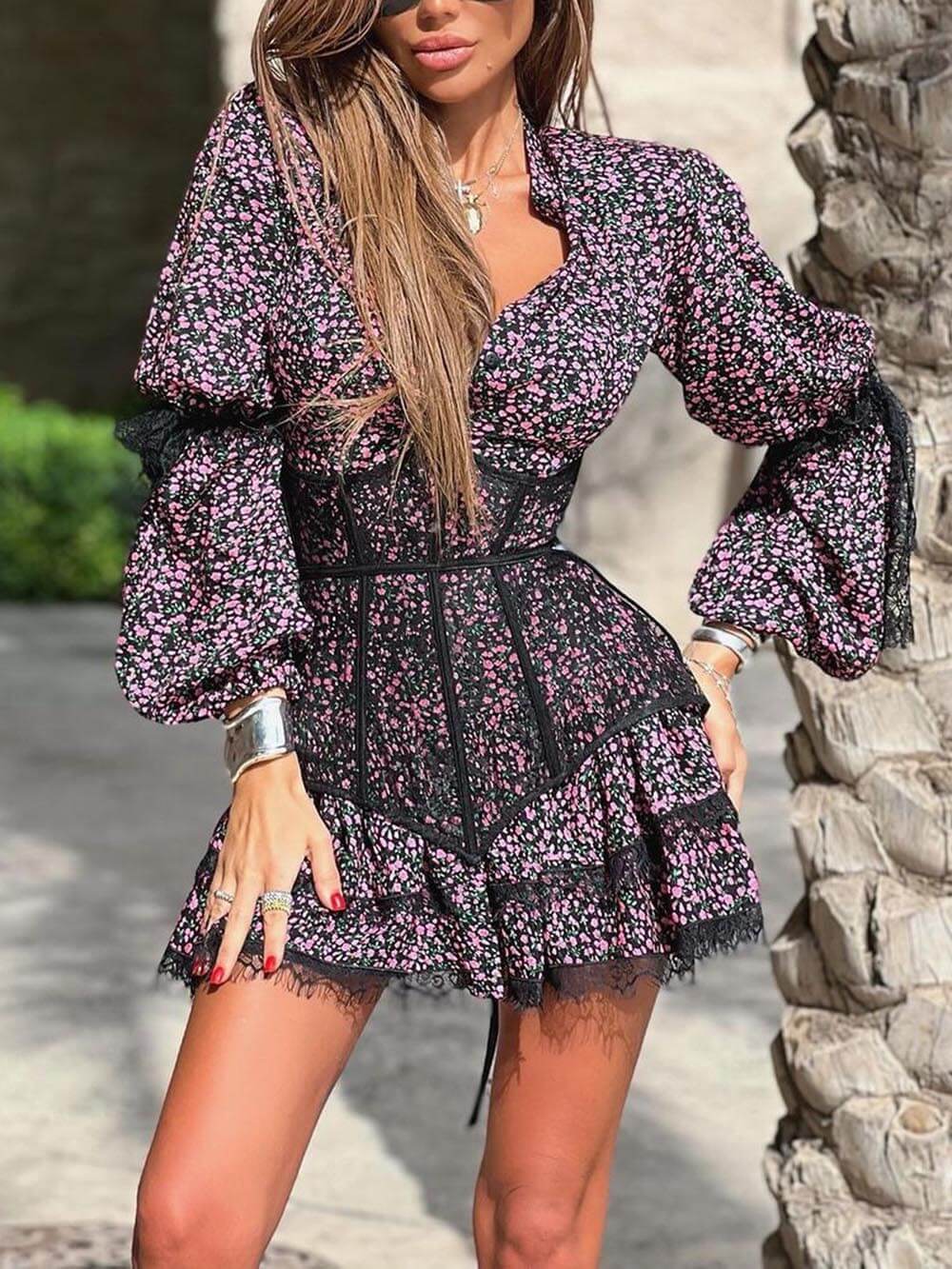 Floral Waist-Tied Long Sleeve Lace Mini Dress