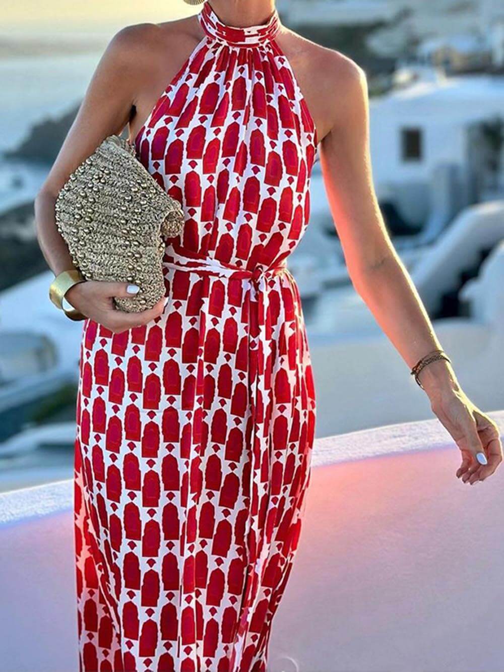 Printed Halter Neck Beach Slit Sexy Midi Dress