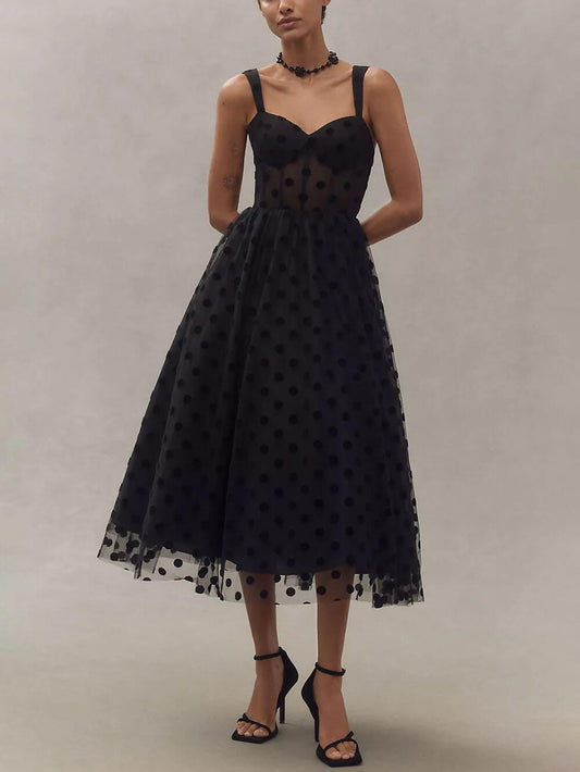 Tulle Polka Dot Sweetheart Bustier A-Line Exquisite Midi Dress