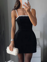 Classic Sweet Pearl Trim Strap Pocketed Tulip Mini Dress