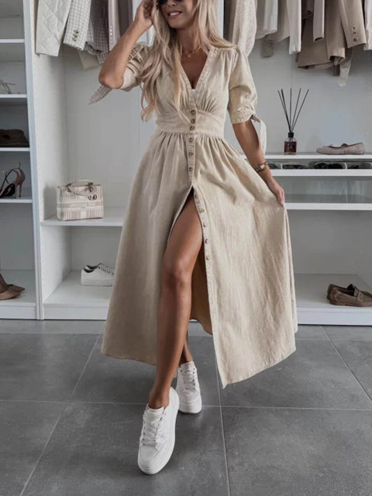 Unique Pleats Solid Color V-Neck Button-Down Denim Dress