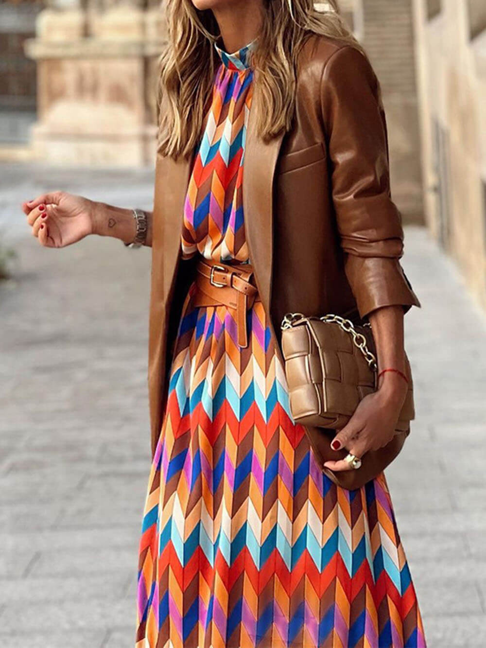 Fashionable Rainbow Print Stand Collar Long Sleeve Midi Dress