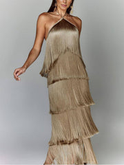 Fashion Halter Fringe Backless Slit Dress