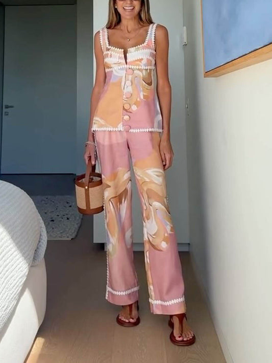 Linen Blend Floral Trim Pants