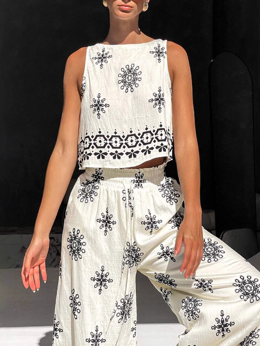 Casual Printed Linen Vest Set
