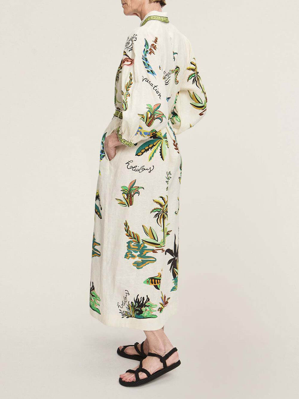 Casual Stand Collar Open-Front Tied Linen Dress