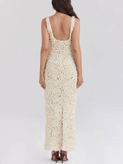 Floral Applique Deep V Neck Dress