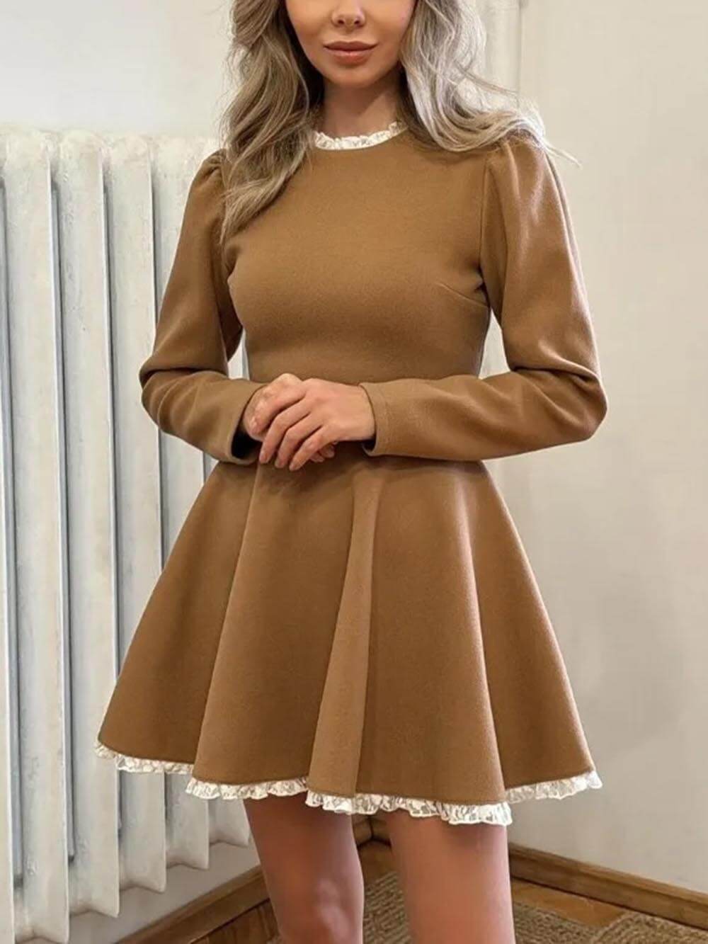 Vintage Chic Long Sleeve Lace-Detail Knit Dress