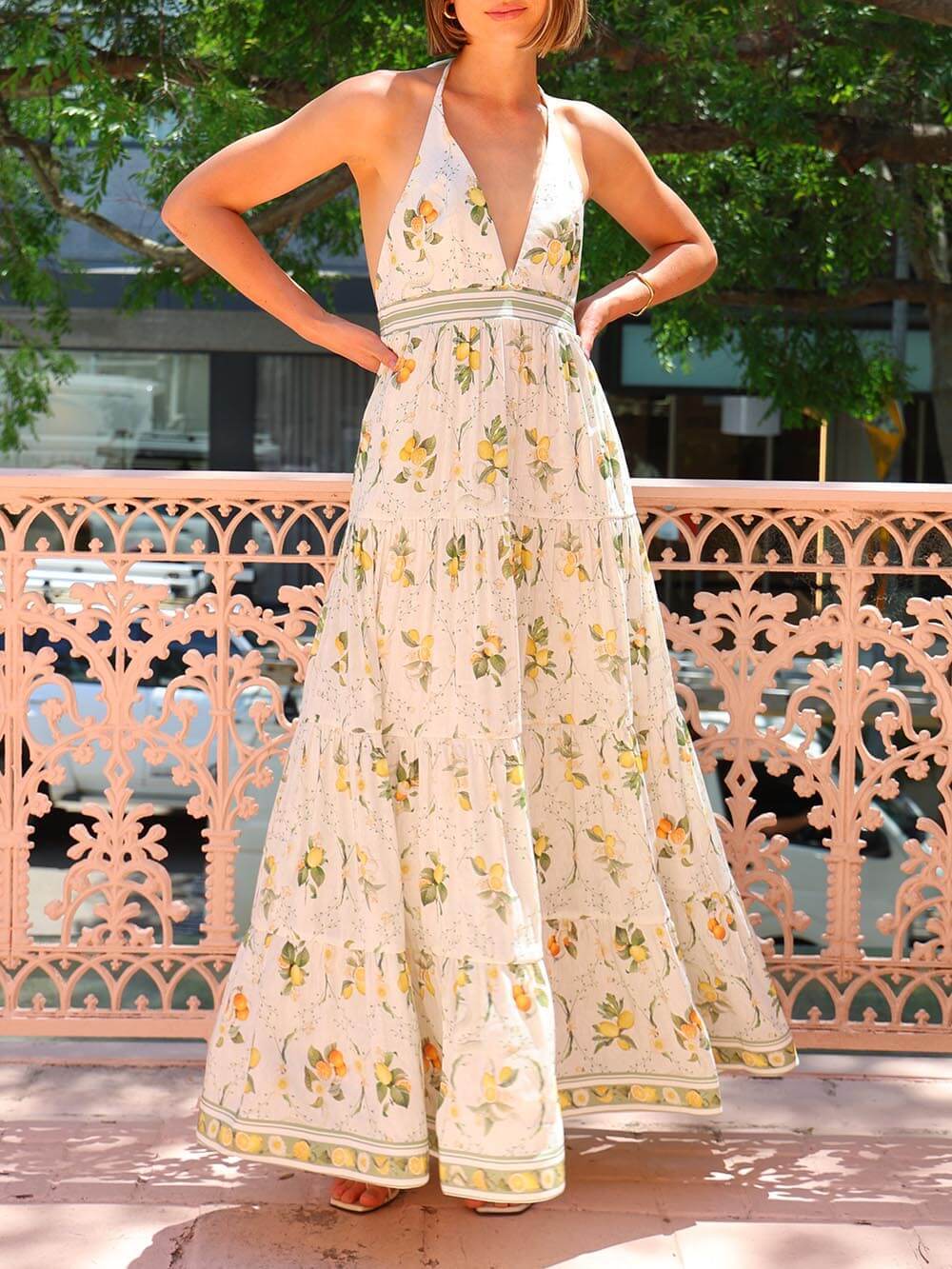 Backless Halter V-Neck Floral Dress