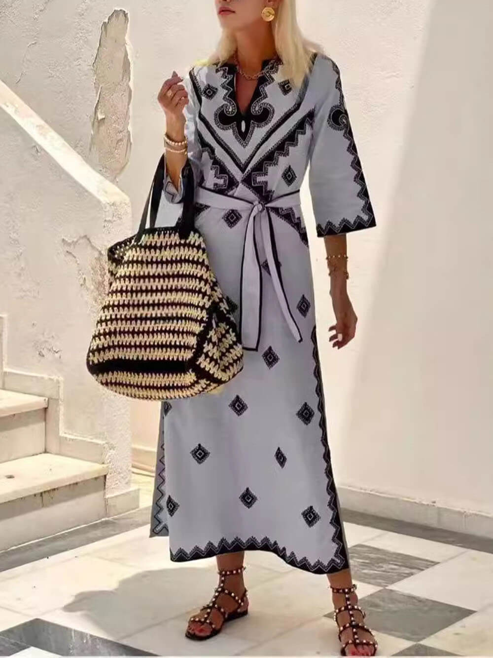 Unique Bohemian Print Belted Midi Dress