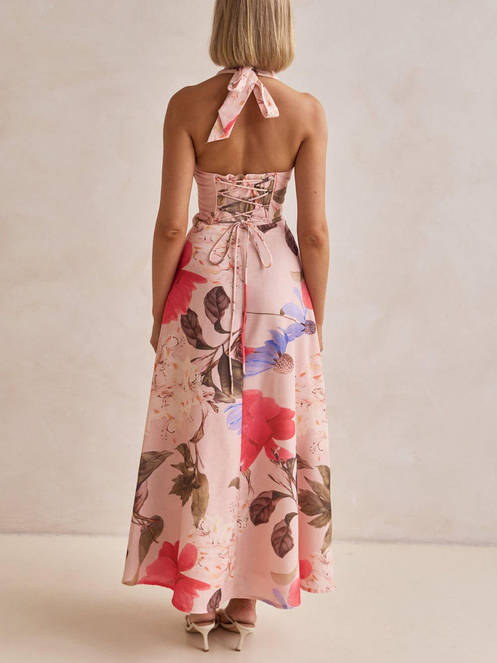 V-Neck Halter Backless Tie Beach Resort Dress