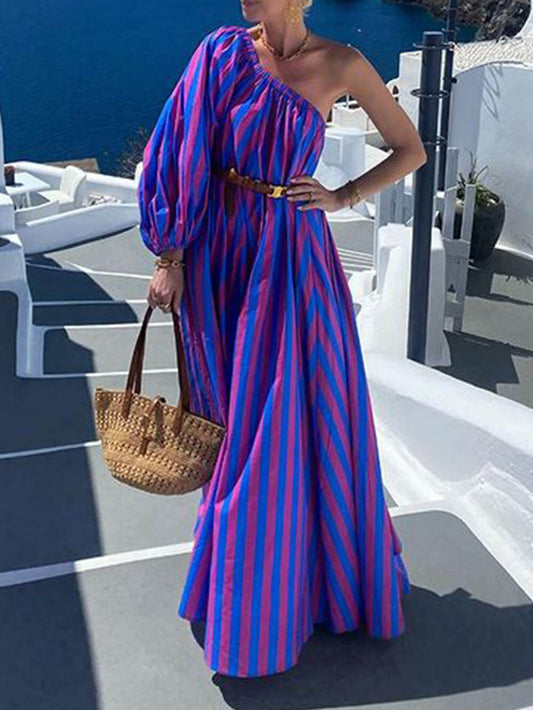 Fashion Striped Asymmetric Shoulder Resort Dress