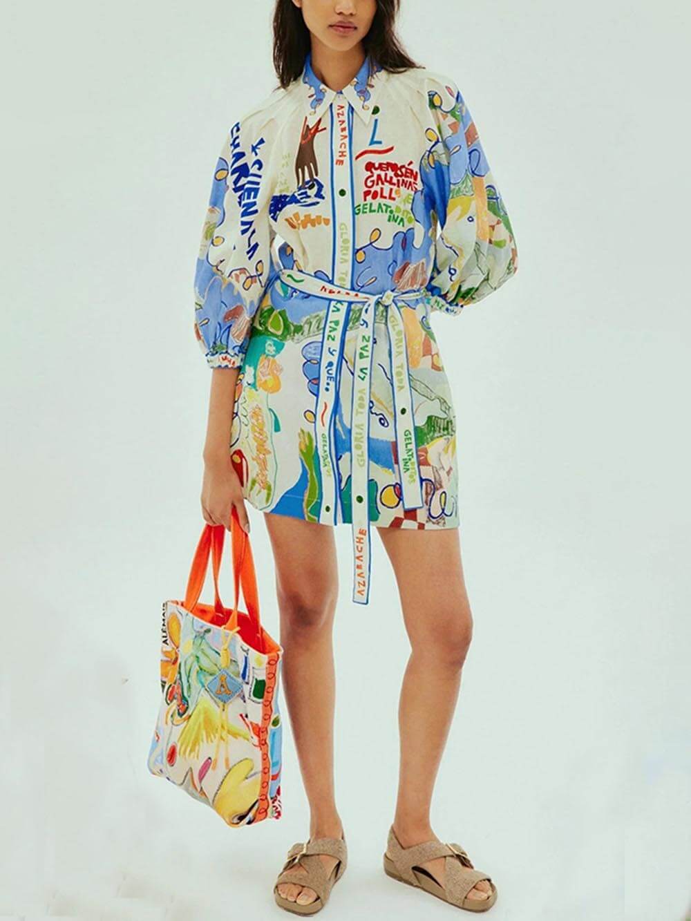 Unique Linen Print Cardigan Lace-Up Dress