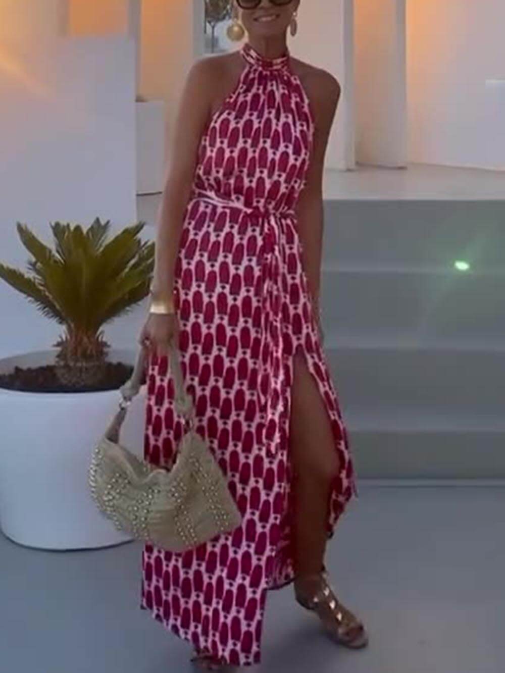 Printed Halter Neck Beach Slit Sexy Midi Dress