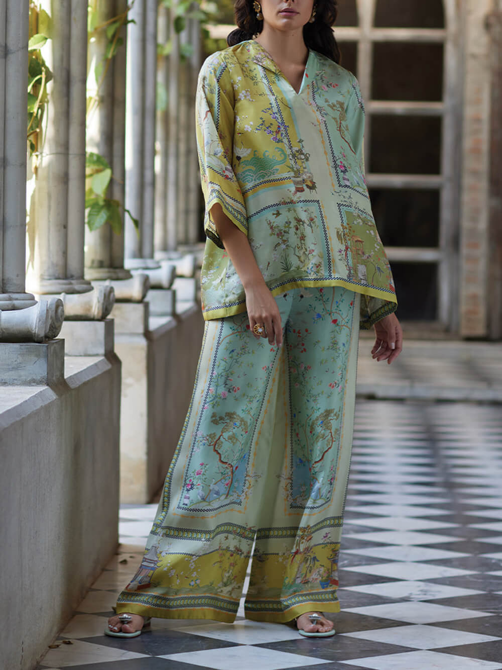 Digital Print Wide Leg Pants