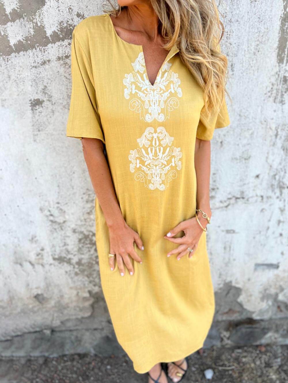 Bohemian Print Linen Loose Fit Midi Dress