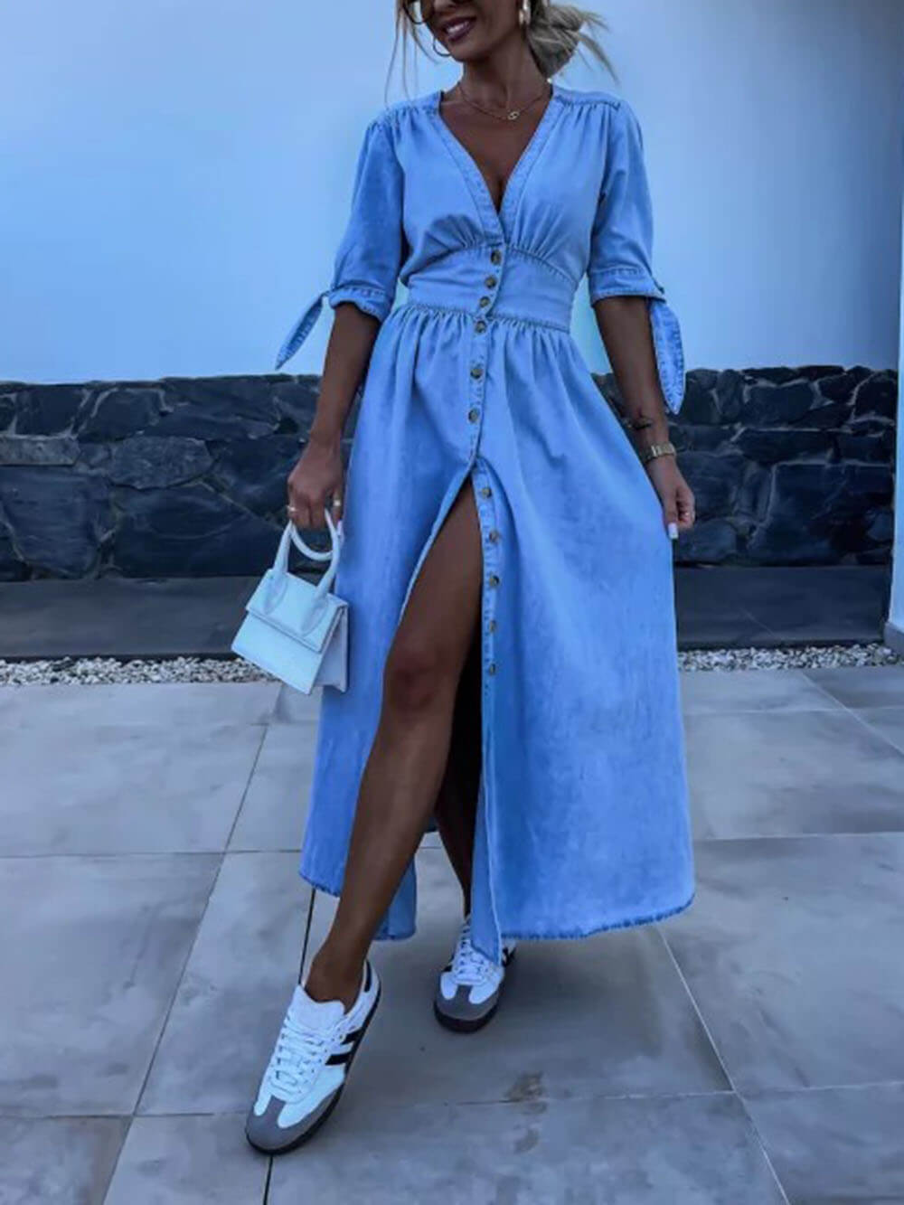 Unique Pleats Solid Color V-Neck Button-Down Denim Dress