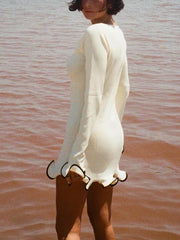 Chic Solid Color Round Neck Long Sleeve Bodycon Ruffle Dress