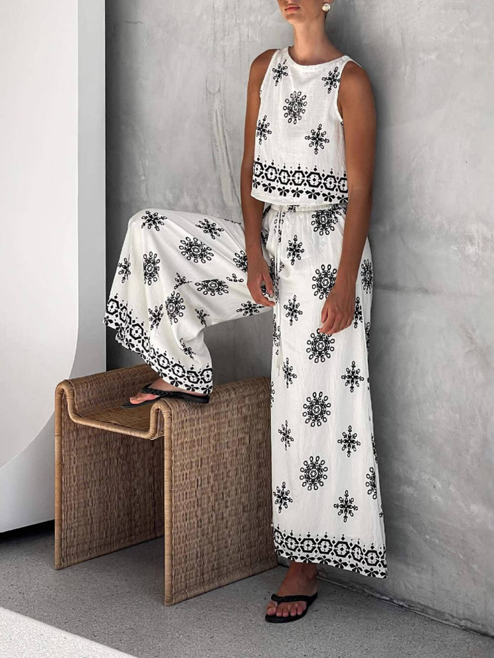 Casual Printed Linen Vest Set