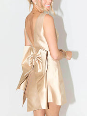 Satin Backless Bow Detail High-Waist Dress