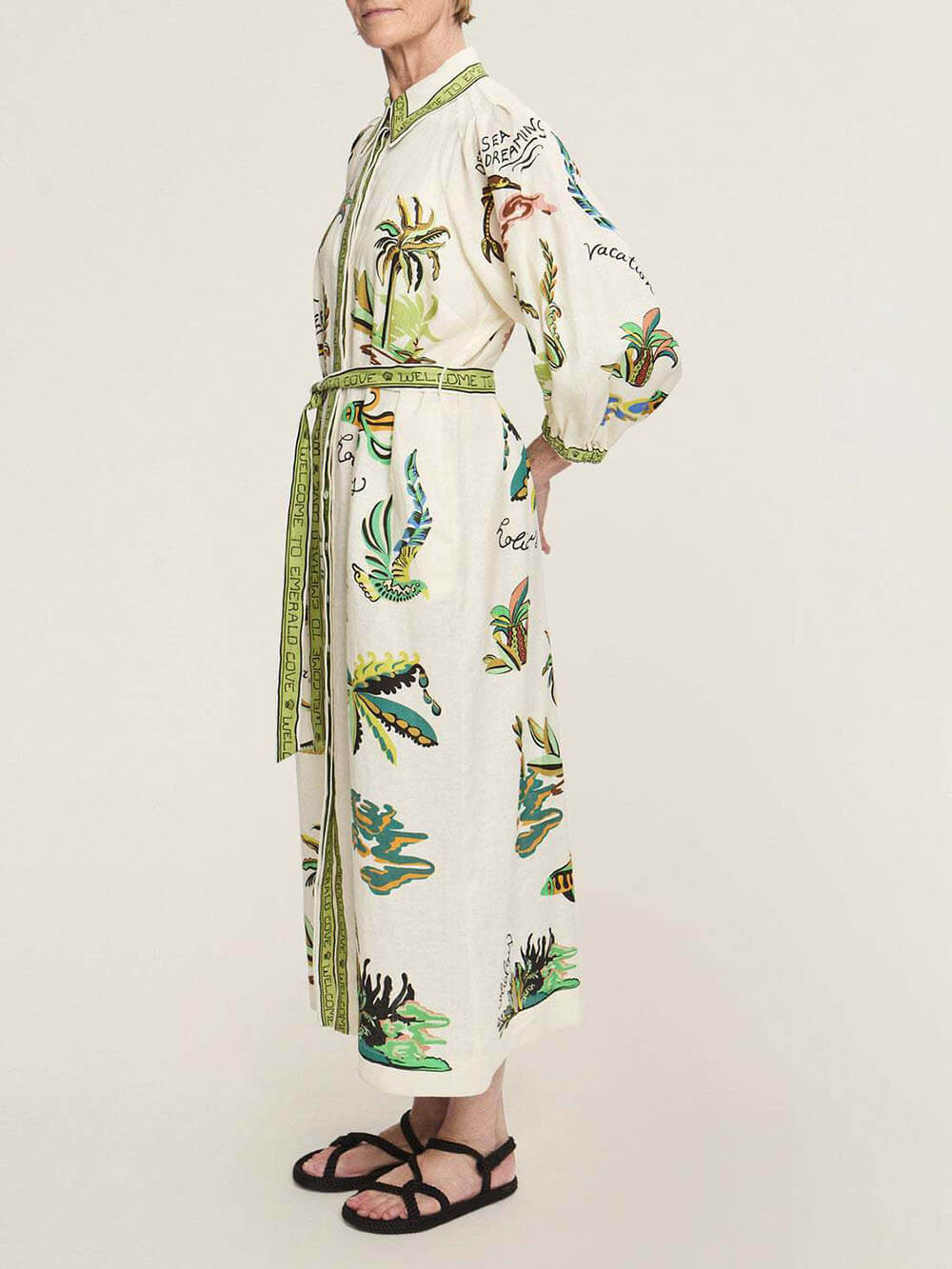 Casual Stand Collar Open-Front Tied Linen Dress