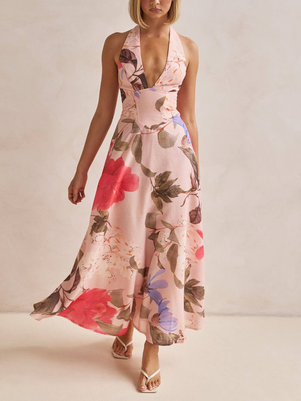 V-Neck Halter Backless Tie Beach Resort Dress