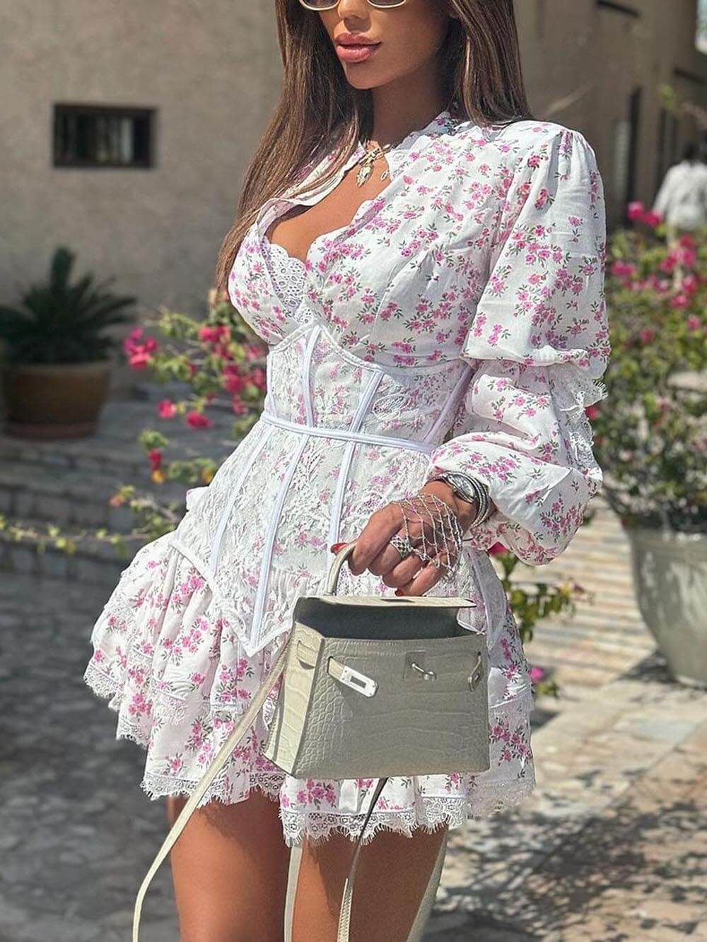 Floral Waist-Tied Long Sleeve Lace Mini Dress