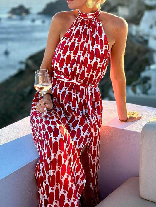 Printed Halter Neck Beach Slit Sexy Midi Dress