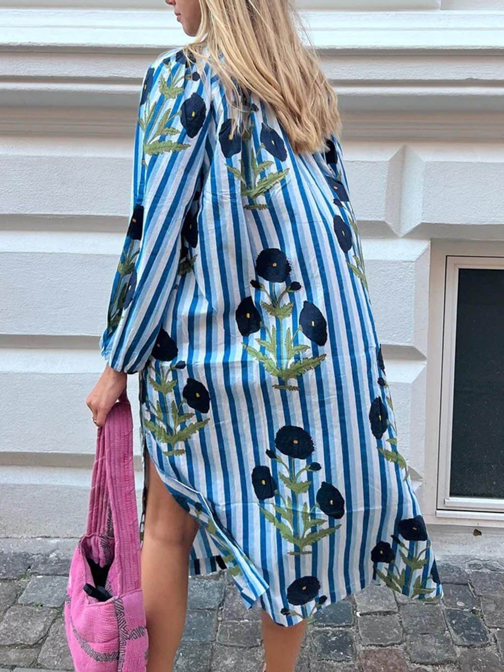 Classic Stripe Floral Print Swing Dress