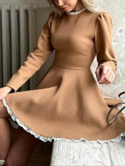 Vintage Chic Long Sleeve Lace-Detail Knit Dress