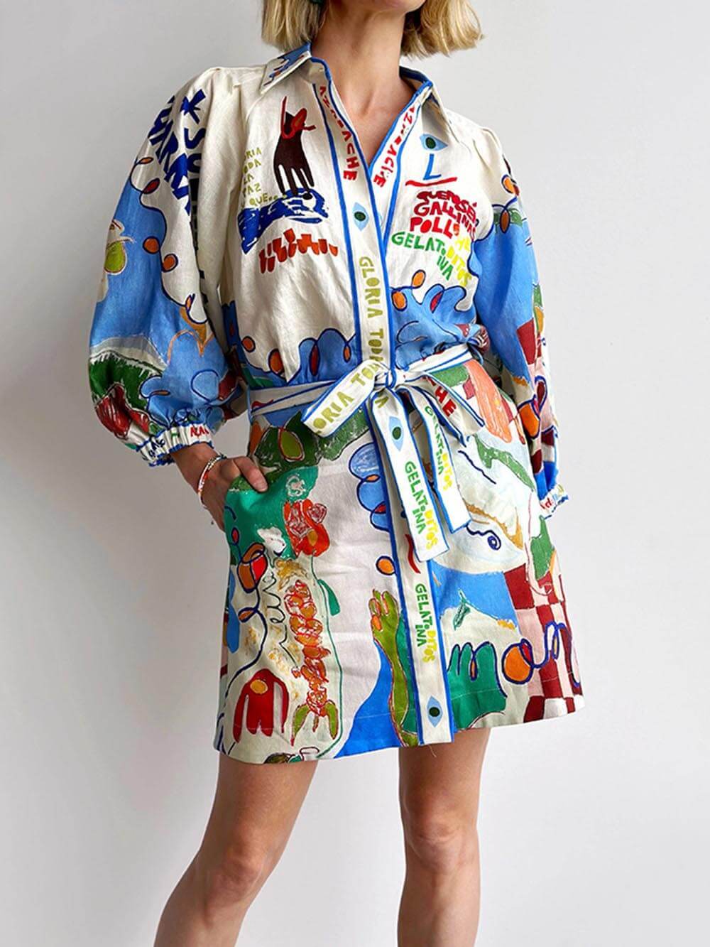 Unique Linen Print Cardigan Lace-Up Dress