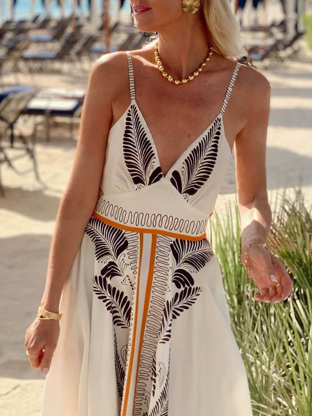 Classic Unique Printed Iinen Sexy V-Neck Bow Tie Waist Dress