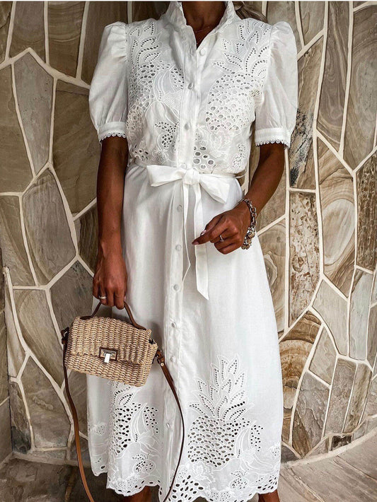 Hollow Short Sleeve Waist-Tied Flared Dress