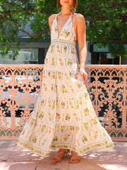 Backless Halter V-Neck Floral Dress